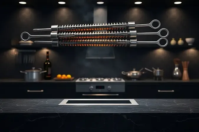 Ilustração 3D conceitual de espeto giratório e grelha metálica para preparo de carnes.