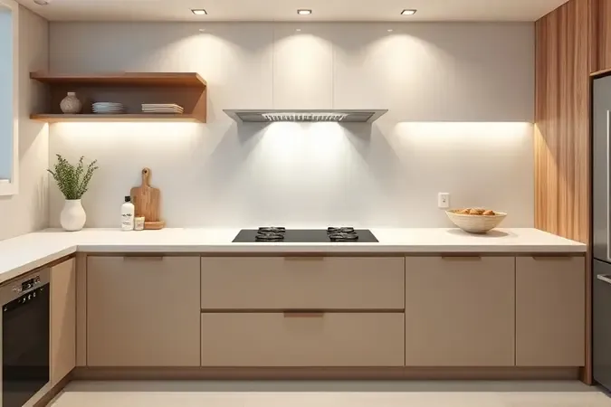 Planejamento de espaço e bancada para instalação de fogão elétrico 4 bocas em cozinha contemporânea.