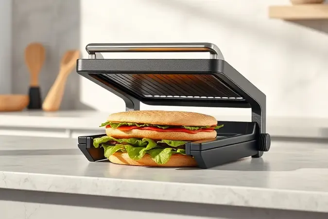 Sanduicheira grill com dobradiça flutuante preparando lanche alto em render 3D