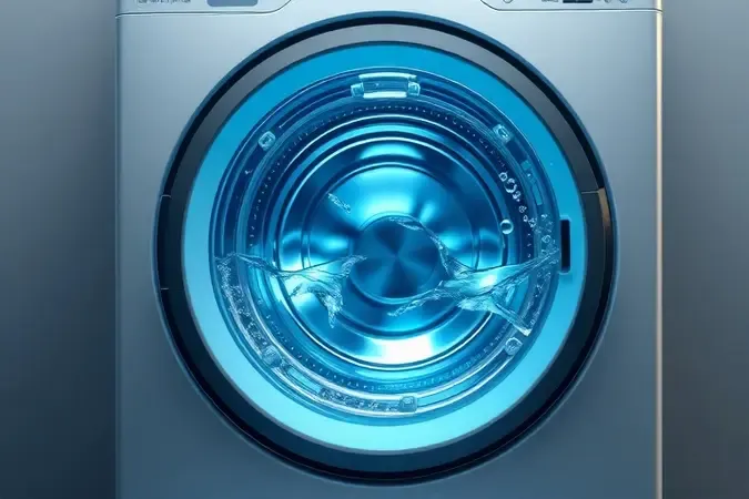 Render 3D de máquina de lavar 15kg com fluxo de água e economia de sabão.