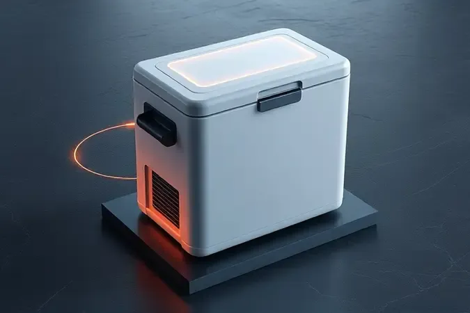 Visualização 3D de eficiência energética e economia de bateria para geladeira portátil veicular.