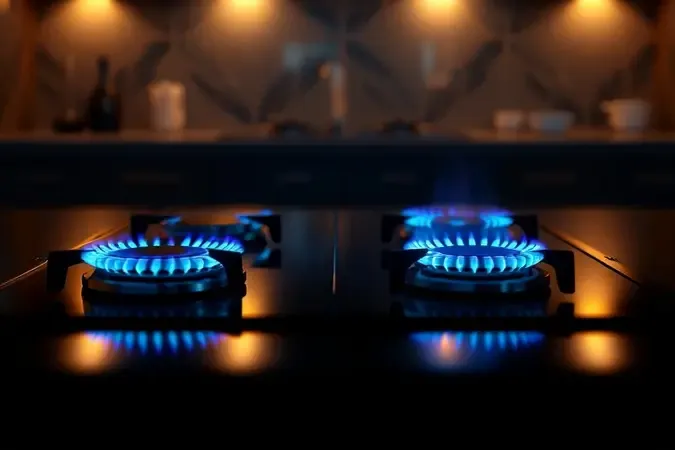 Render 3D de fogão 6 bocas com chamas azuis de diferentes intensidades ilustrando conceito de eficiência energética e economia de gás