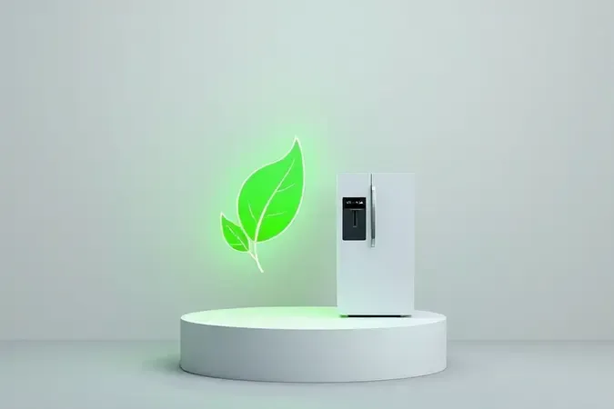 Conceito 3D de eficiência energética e economia de consumo para geladeiras modernas.