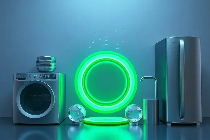 Representação 3D conceitual de economia de energia e eficiência hídrica para eletrodomésticos.