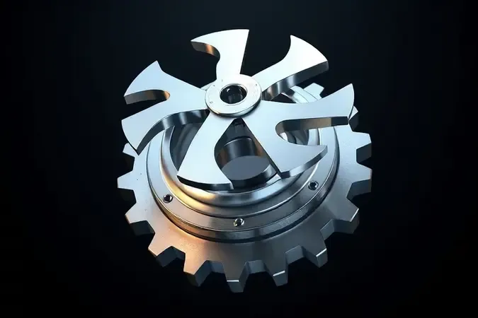 Visualização artística 3D de lâminas de aço inoxidável e mecanismo de rotação de liquidificador.