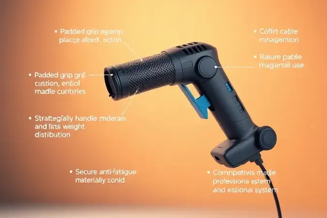 Renderização 3D de aspirador profissional com foco em cabo ergonômico acolchoado e controles acessíveis para uso contínuo com segurança.