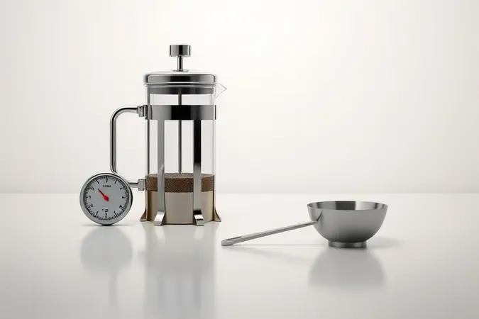Acessórios e cafeteira prensa francesa conceitual para evitar erros no preparo do café.