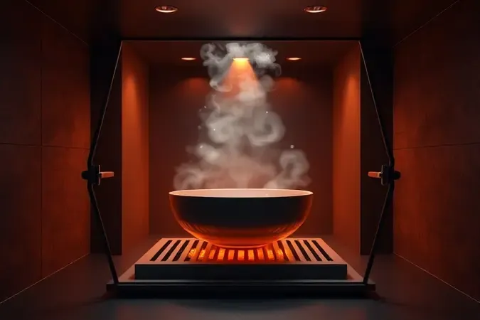 Visualização conceitual 3D de controle de temperatura e fluxo térmico equilibrado no preparo de carnes.