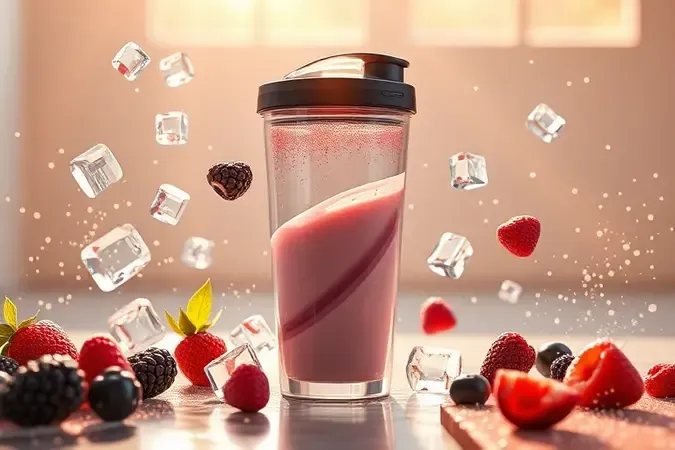 Representação 3D de copo de blender portátil para shakes com cubos de gelo e frutas estilizadas.