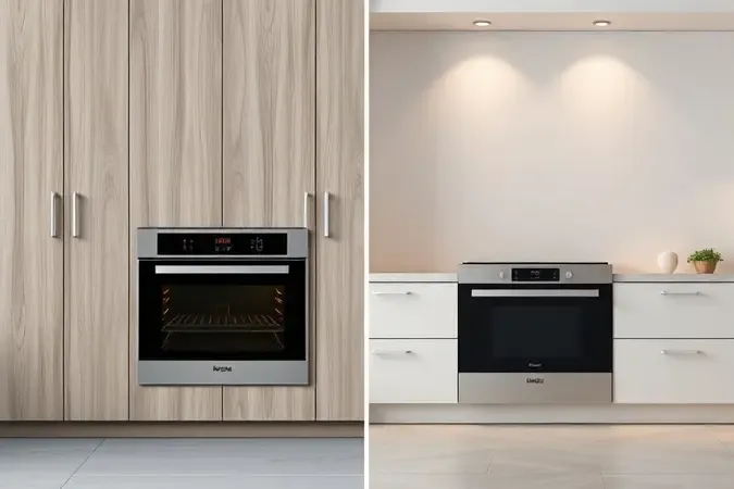 Comparação conceitual entre forno elétrico de embutir na parede e forno de bancada em cozinha moderna