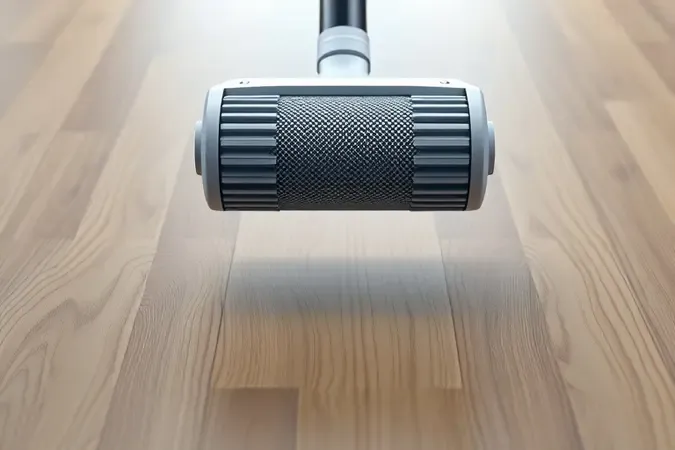 Renderização 3D conceitual de uma escova rotativa de borracha antiembaraço para aspirador de pó.