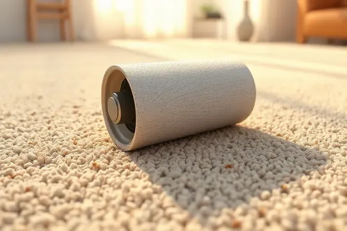 Escova rotativa de aspirador removendo pelos e poeira de carpete em render 3D.