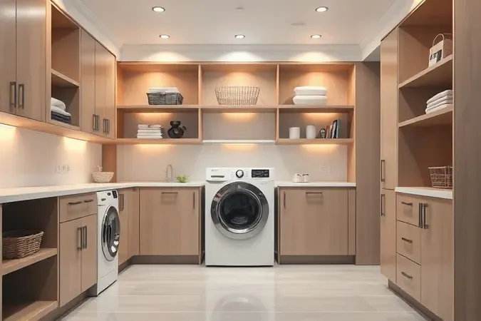 Ambiente planejado de lavanderia moderna com espaço adequado para instalação de máquina de lavar roupas.