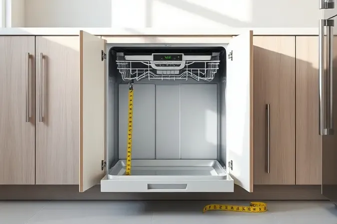 Render 3D de lava-louças embutida sendo instalada em nicho de cozinha moderna com fita métrica.