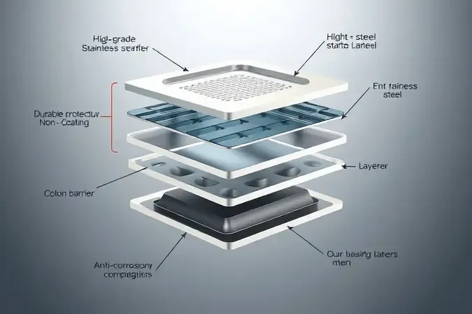 Visualização conceitual 3D de camadas de revestimento protetor antiaderente e aço inoxidável resistente à corrosão.