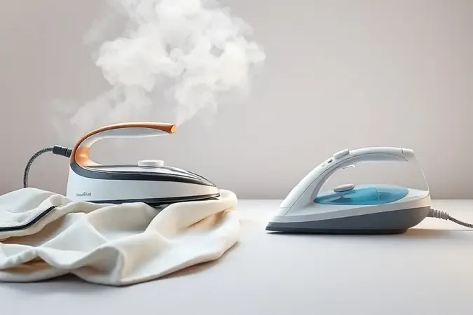 Comparação conceitual entre ferro a vapor e ferro seco em render 3D com tecido limpo