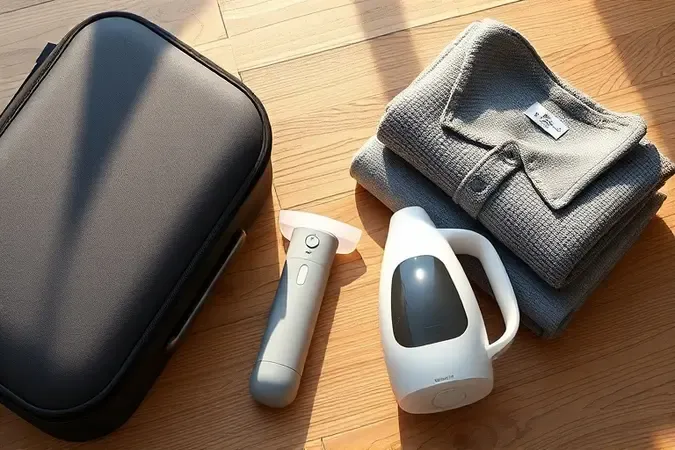 Vaporizador portátil e compacto ideal para viagens ao lado de roupas dobradas em superfície de madeira.