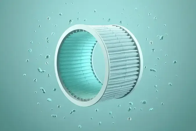 Filtro HEPA cilíndrico retendo partículas em render 3D minimalista.