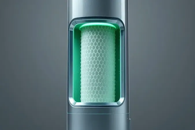 Render 3D conceitual de filtro HEPA em corte mostrando camadas internas de um aspirador vertical sem marca