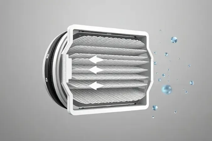Corte transversal detalhado de filtro HEPA mostrando camadas fibrosas de filtragem e vedação hermética com gaxetas de borracha para eficiência máxima.