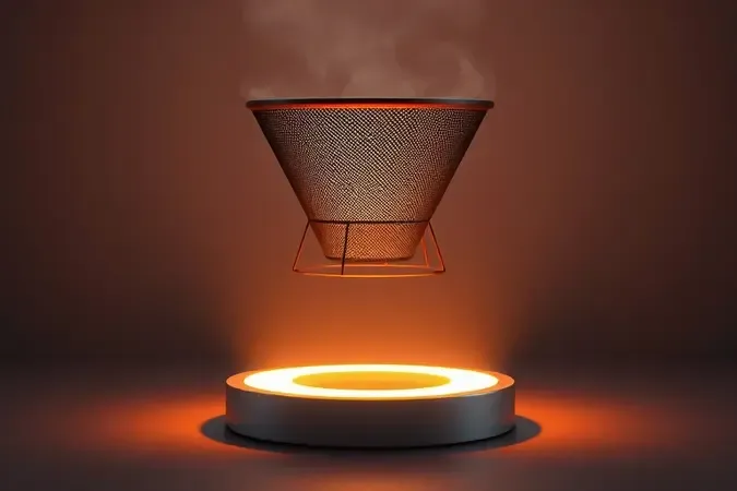 Filtro reutilizável de café suspenso sobre base de aquecimento térmica com iluminação suave.