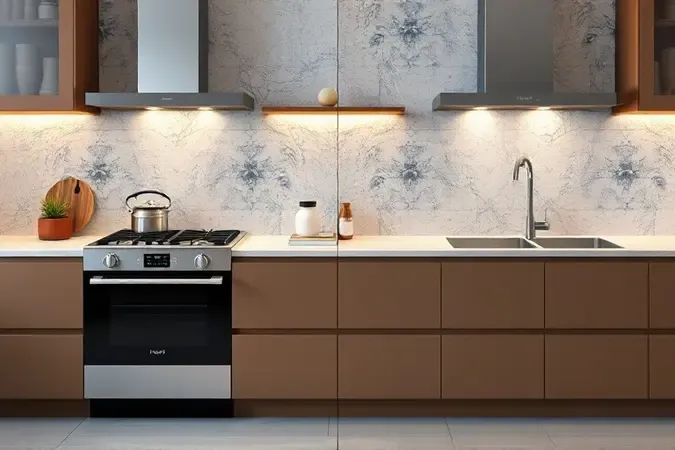 Comparação conceitual em 3D entre fogão de embutir e cooktop em bancada de cozinha.