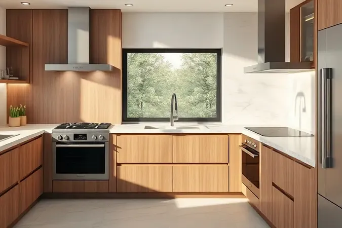 Renderização 3D de cozinha moderna comparando fogão de piso e de embutir em bancada planejada.