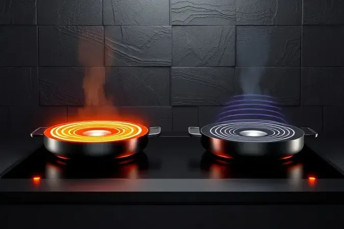 Ilustração 3D dos sistemas de aquecimento por indução e resistência elétrica em fogões.