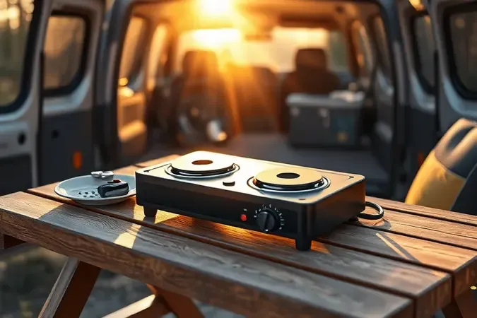 Fogão elétrico compacto de 2 bocas preparado para camping e viagens ao ar livre.