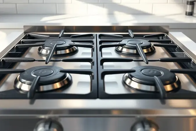 Detalhe em render 3D de fogão industrial de 4 bocas em aço inox resistente