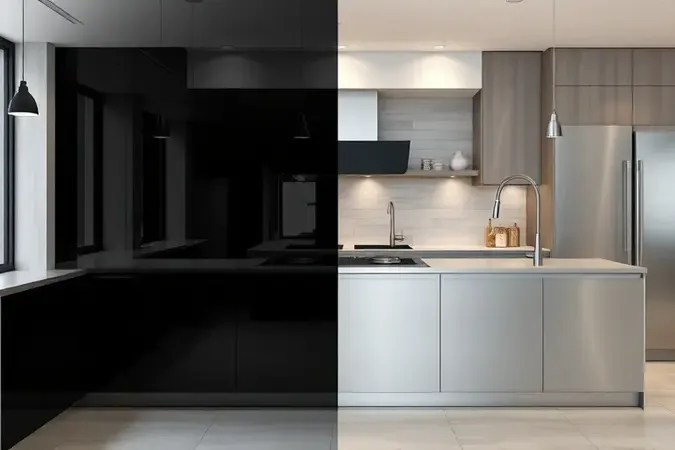 Comparação conceitual em 3D entre superfícies de vidro temperado escuro e aço inoxidável escovado.