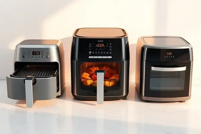 Três formatos de air fryer conceituais lado a lado: gaveta, forno e híbrido em renderização 3D