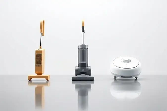 Três silhuetas minimalistas de aspiradores lado a lado: vertical sem fio, de trenó e robô, comparando formatos em composição moderna.