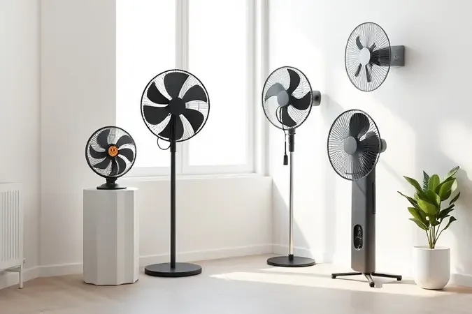 Renderização 3D de diferentes formatos de ventilador em ambiente neutro e moderno para ajudar na escolha ideal.