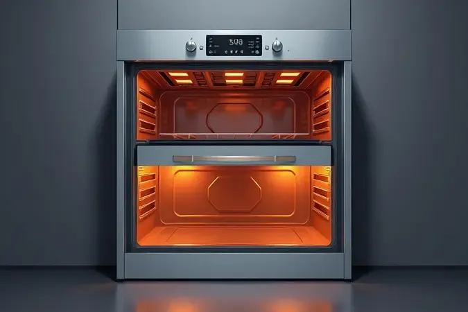 Representação 3D de compartimento interno de forno duplo moderno com iluminação aconchegante.