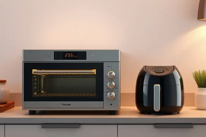 Renderização 3D de forno elétrico com função airfryer ao lado de airfryer compacta em bancada clean.
