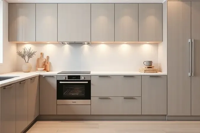 Visualização 3D de forno elétrico de bancada e forno de embutir em cozinha moderna planejada.