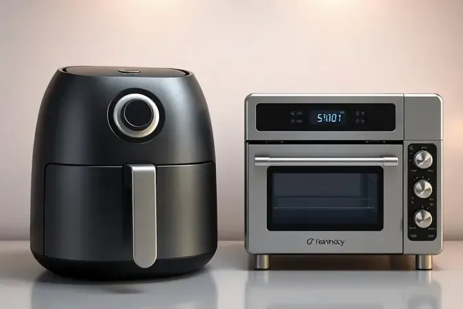 Comparação conceitual entre forno elétrico e airfryer sem marcas em render 3D com superfícies limpas