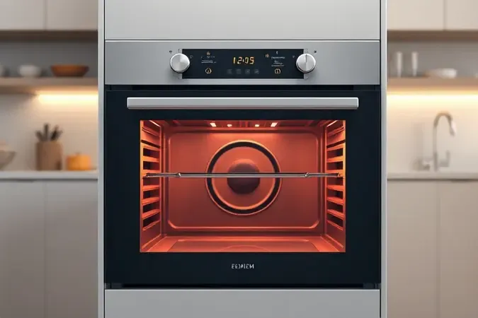 Render 3D de forno elétrico moderno com aquecimento uniforme e painel liso em cozinha clean.