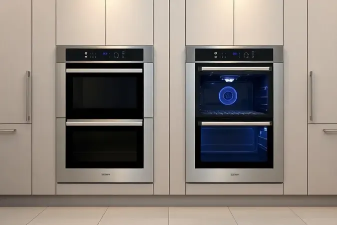 Render 3D conceitual comparando forno elétrico e forno a gás lado a lado em cozinha moderna e minimalista.