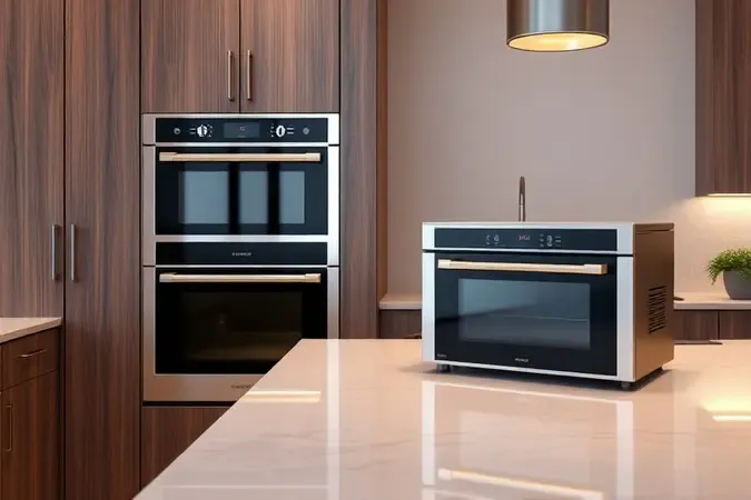 Comparação conceitual entre forno elétrico de embutir e forno de bancada de 50 litros em cozinha moderna.
