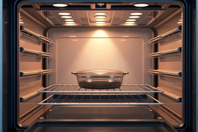 Render 3D de interior de forno moderno com prateleiras, assadeira de vidro e iluminação uniforme