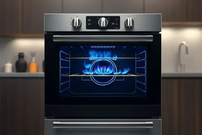 Render 3D de forno a gás moderno com chama azul e superfícies metálicas em cozinha contemporânea.