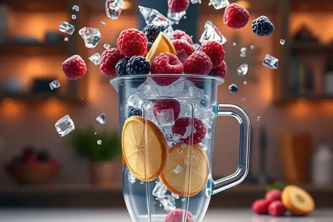 Representação 3D conceitual de frutas congeladas e cubos de gelo para preparo em liquidificador.