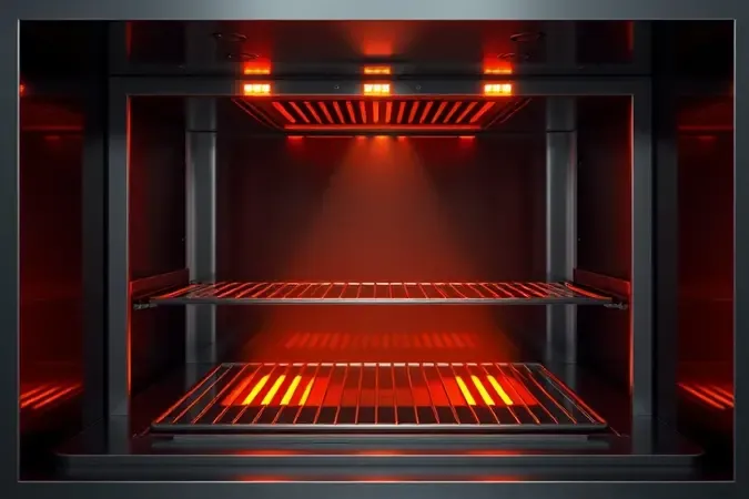 Ilustração 3D conceitual da função grill de micro-ondas com resistência em tom dourado radiante.