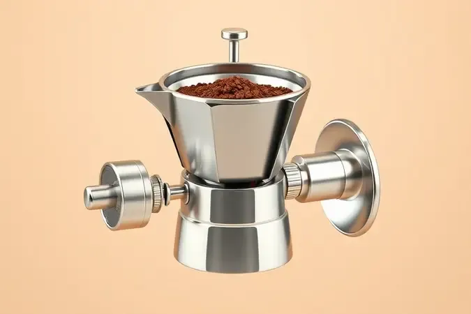 Vista explodida de uma cafeteira italiana em render 3D mostrando o mecanismo interno com câmara de água, filtro e coletor superior