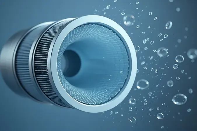 Ilustração 3D em corte transversal de um filtro de alta eficiência purificando o fluxo de ar.