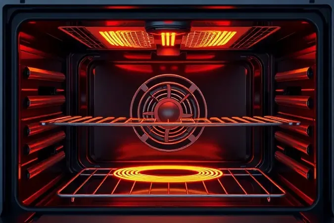 Ilustração conceitual da circulação de calor por ventoinha e resistências no interior de um forno elétrico.