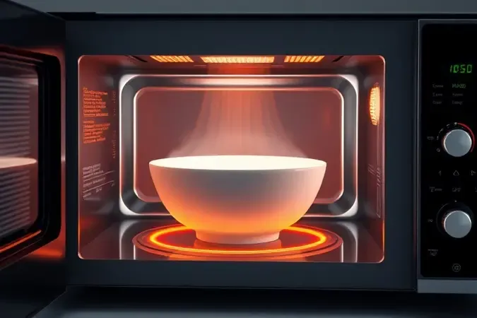 Ilustração 3D conceitual de aquecimento eficiente e uniforme de prato no micro-ondas.