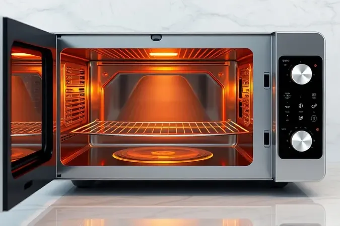 Visualização 3D de funções de grill e convecção em cavidade interna de micro-ondas conceitual.